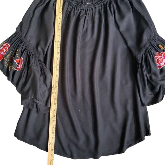 Feathers Peasant Blouse Tunic Black M Off The Shoulder Embroidered Boho Artsy - Picture 2 of 6